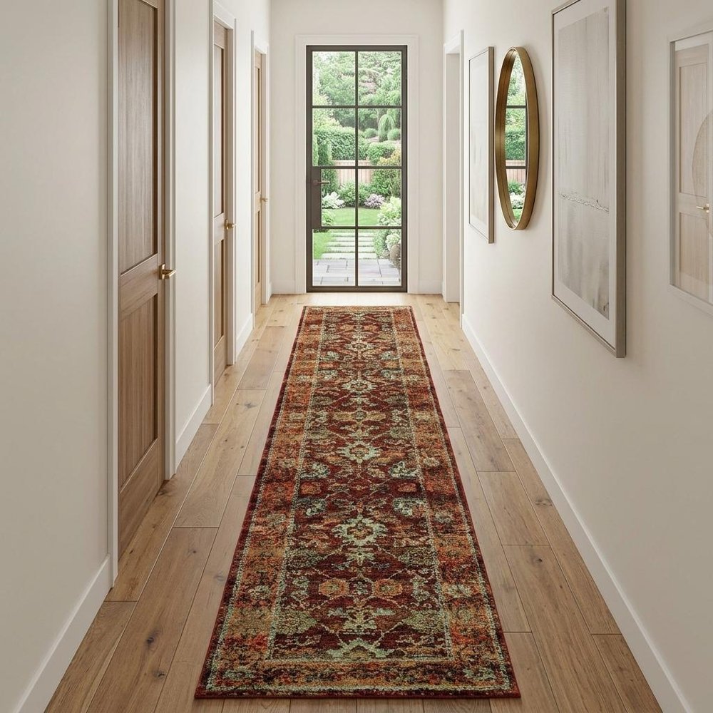 12' Red Gold And Green Oriental Runner Rug