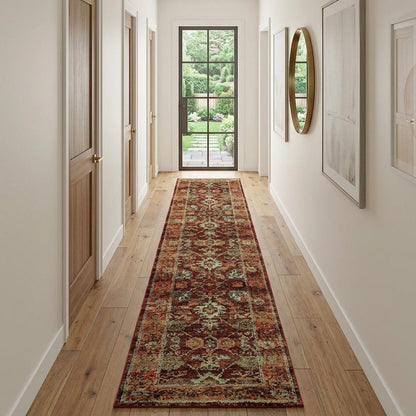 12' Red Gold And Green Oriental Runner Rug