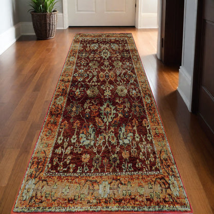 12' Runner Red Gold and Green Oriental Power Loom Runner Rug