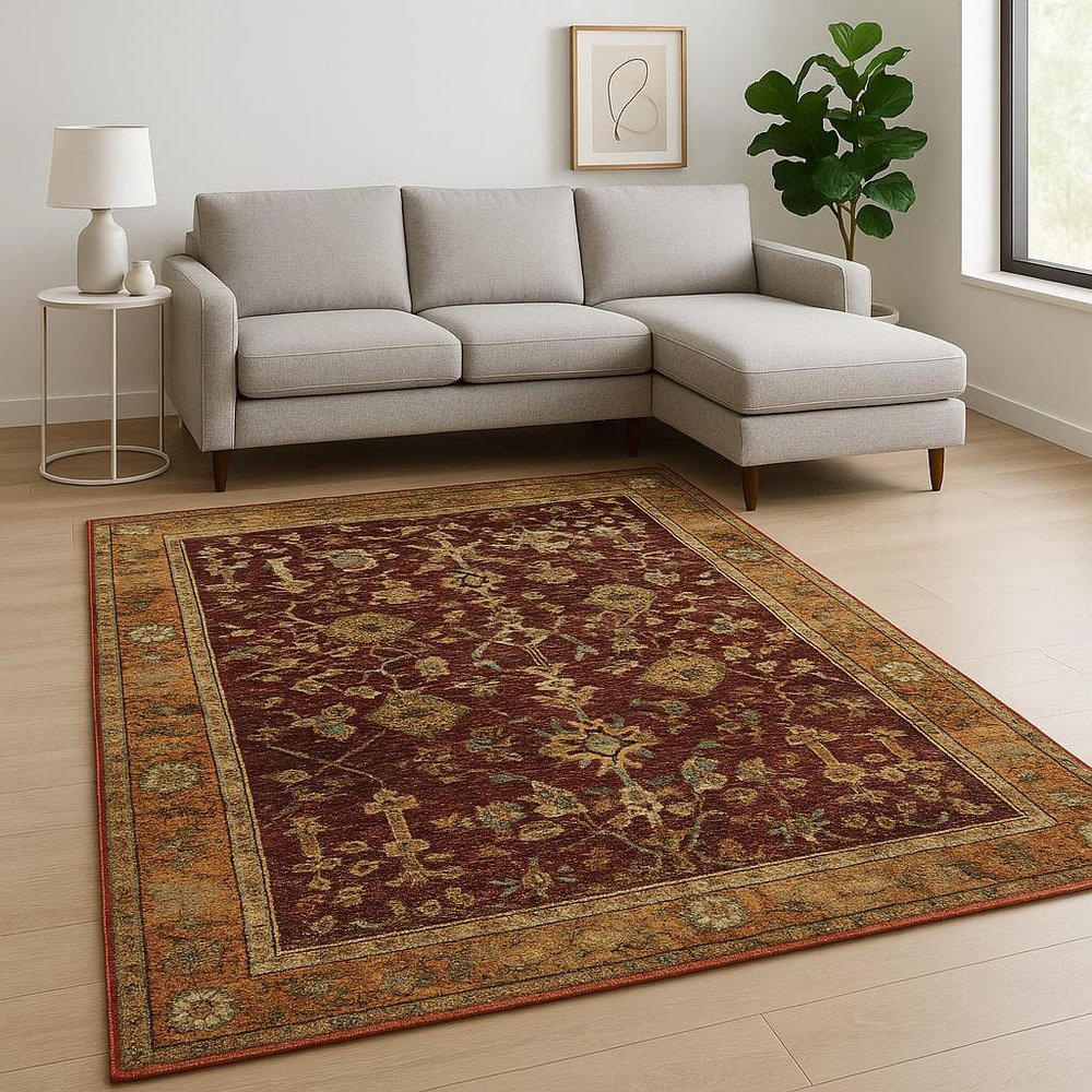 7' X 10' Red and Gold Oriental Power Loom Area Rug