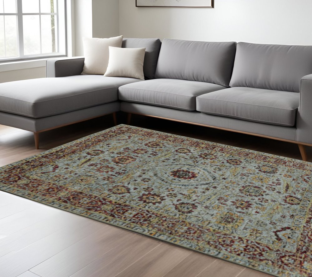 10' X 13' Blue and Green Oriental Power Loom Area Rug