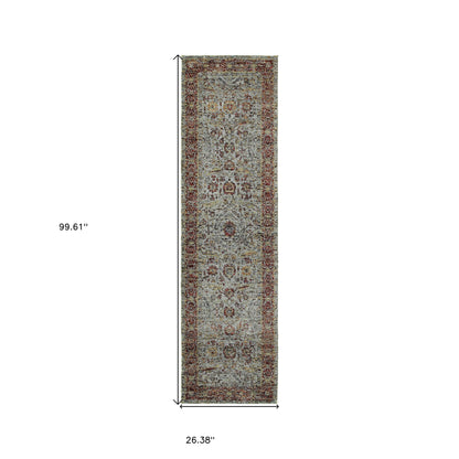 8' Runner Blue and Green Oriental Power Loom Runner Rug