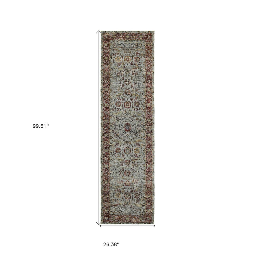 8' Blue And Green Oriental Runner Rug