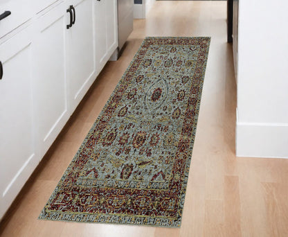 8' Runner Blue and Green Oriental Power Loom Runner Rug