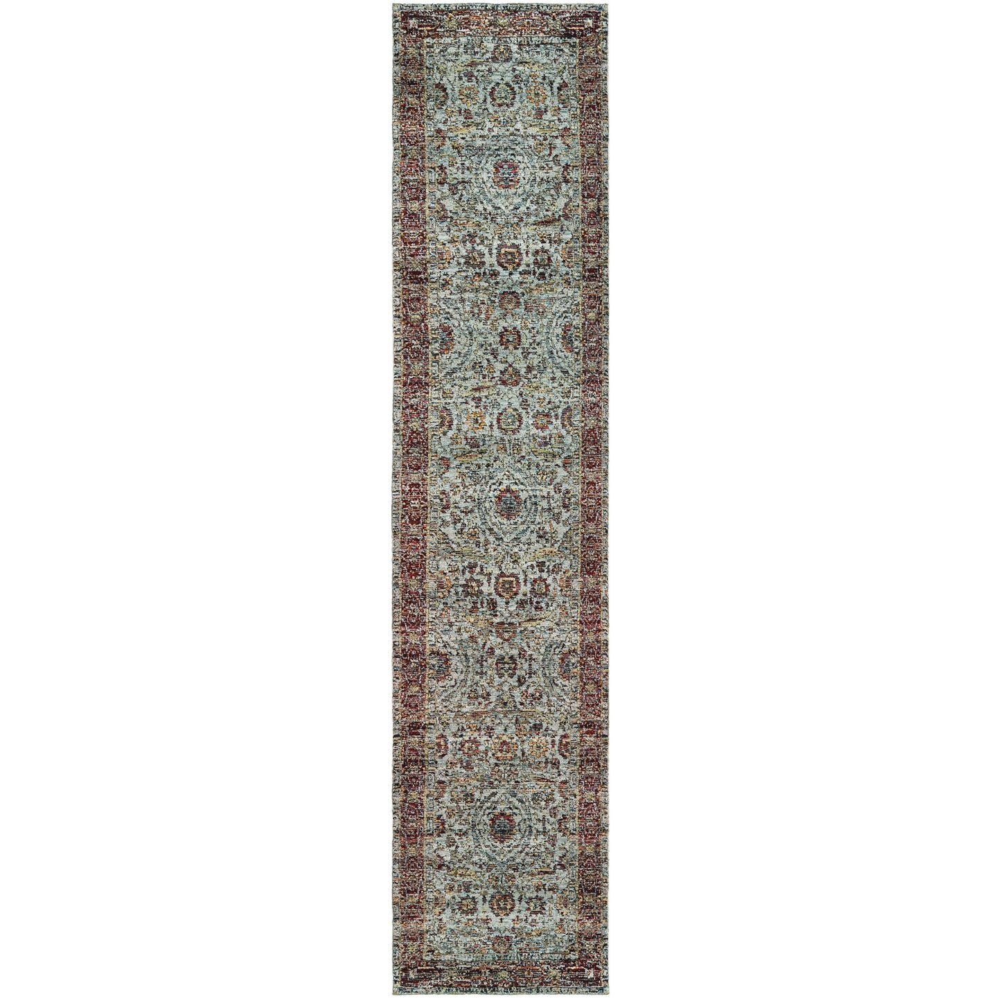 12' Runner Blue Red Green and Gold Oriental Power Loom Runner Rug