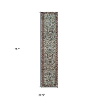 12' Runner Blue Red Green and Gold Oriental Power Loom Runner Rug