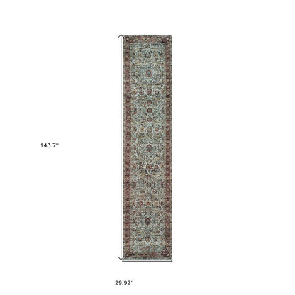 12' Blue And Red Oriental Runner Rug