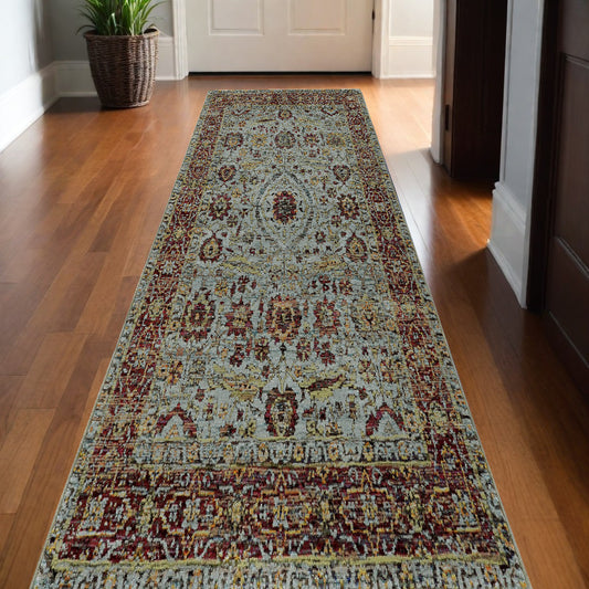 12' Runner Blue Red Green and Gold Oriental Power Loom Runner Rug