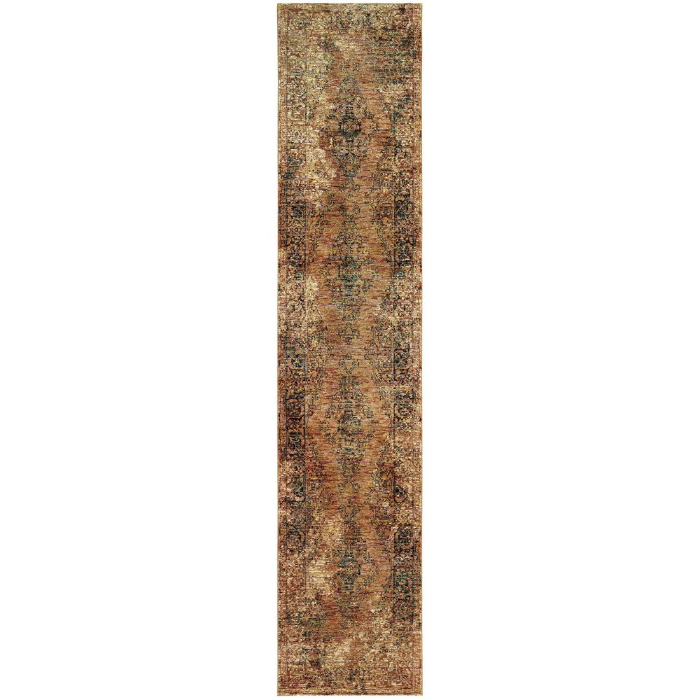 12' Gold And Brown Oriental Distressed Runner Rug