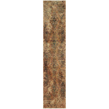 12' Gold And Brown Oriental Distressed Runner Rug
