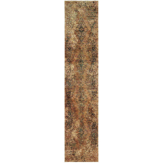 12' Gold And Brown Oriental Distressed Runner Rug