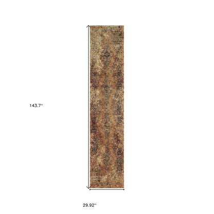 12' Runner Gold and Brown Oriental Power Loom Runner Rug