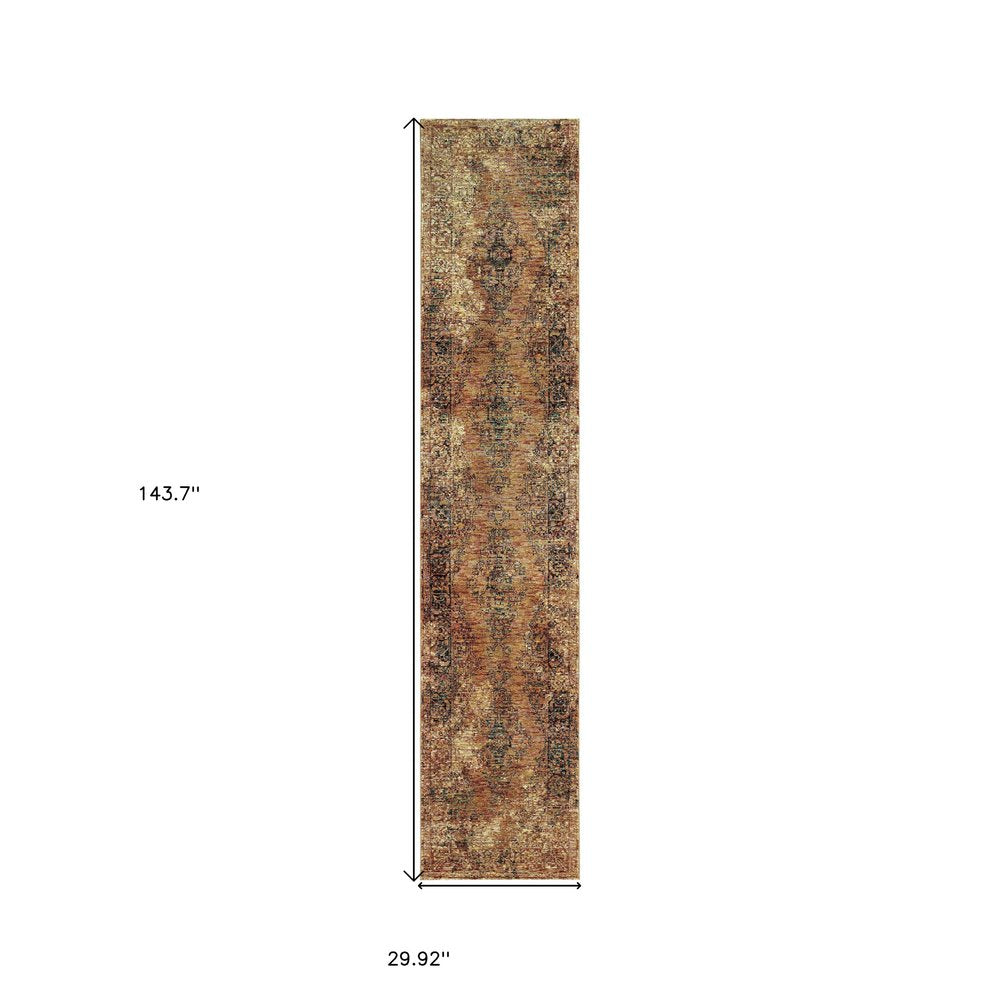 12' Gold And Brown Oriental Distressed Runner Rug