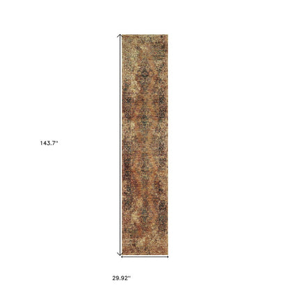12' Gold And Brown Oriental Distressed Runner Rug