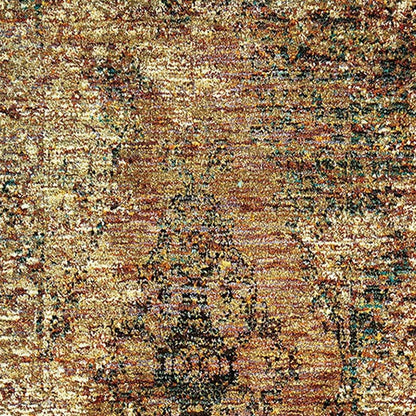 12' Gold And Brown Oriental Distressed Runner Rug