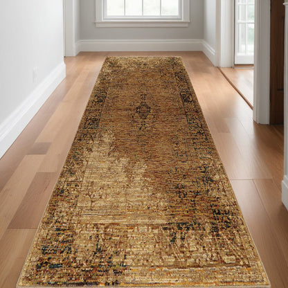 12' Gold And Brown Oriental Distressed Runner Rug