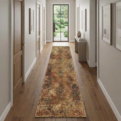 12' Gold And Brown Oriental Distressed Runner Rug