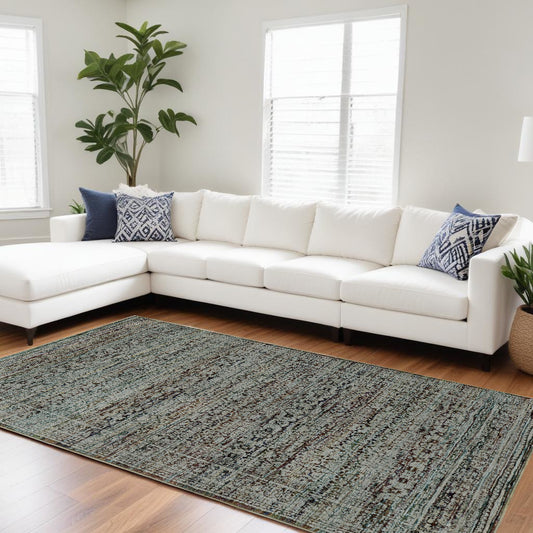 10' X 13' Blue Green Oriental Power Loom Area Rug