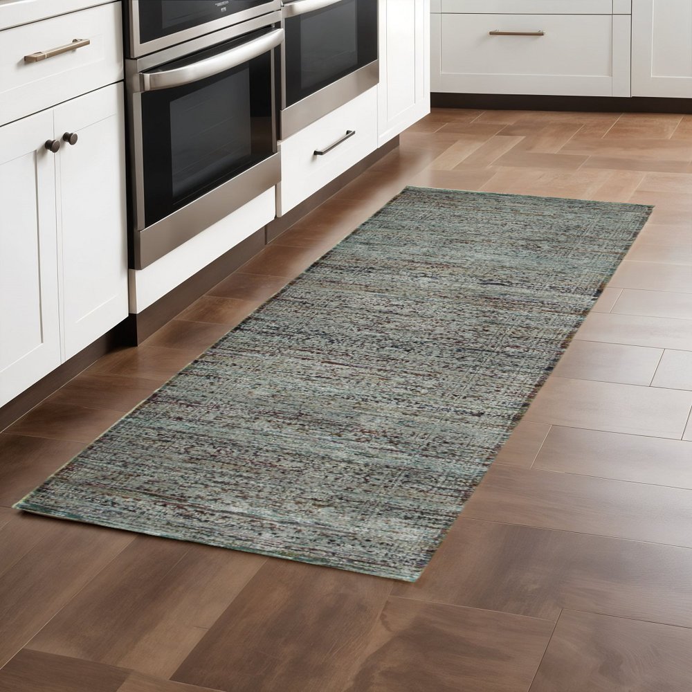 8' Blue And Green Oriental Runner Rug