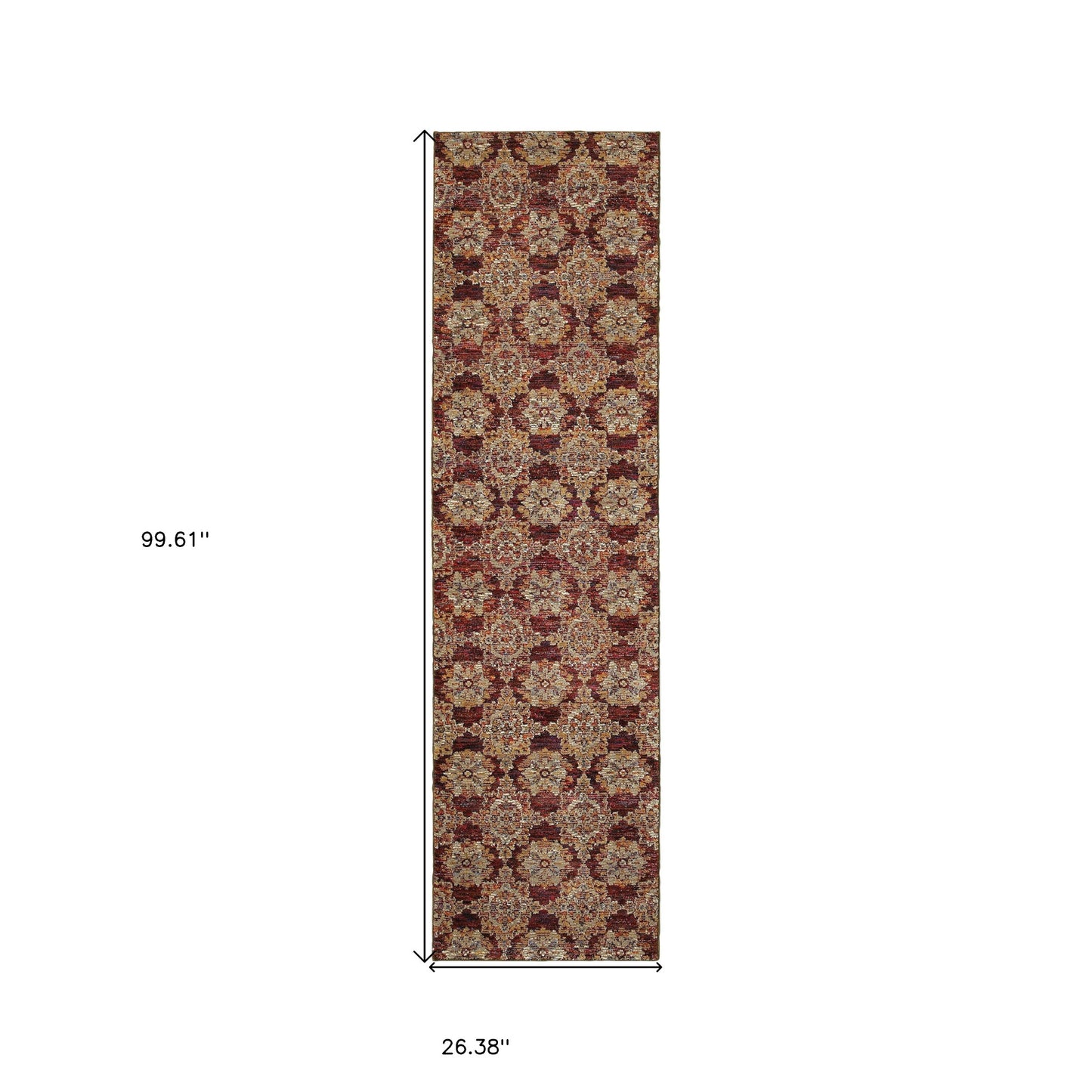 8' Runner Red and Gold Oriental Power Loom Runner Rug