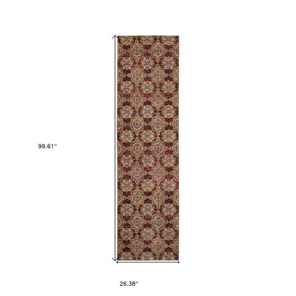 8' Runner Red and Gold Oriental Power Loom Runner Rug