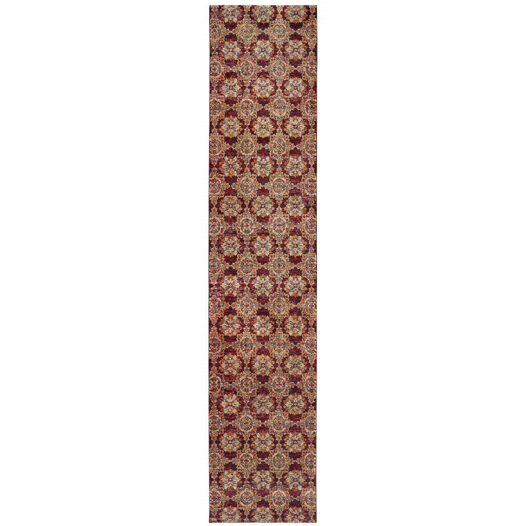 12' Runner Red and Gold Oriental Power Loom Runner Rug