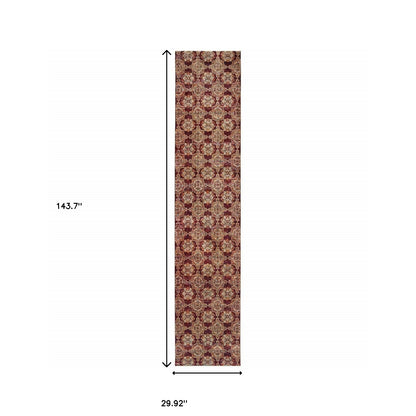 12' Runner Red and Gold Oriental Power Loom Runner Rug