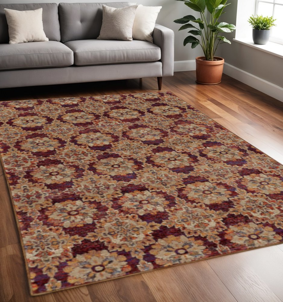 5' X 7' Red and Gold Oriental Power Loom Area Rug