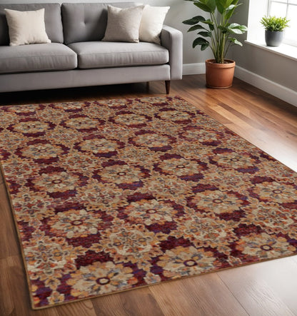5' X 7' Red and Gold Oriental Power Loom Area Rug
