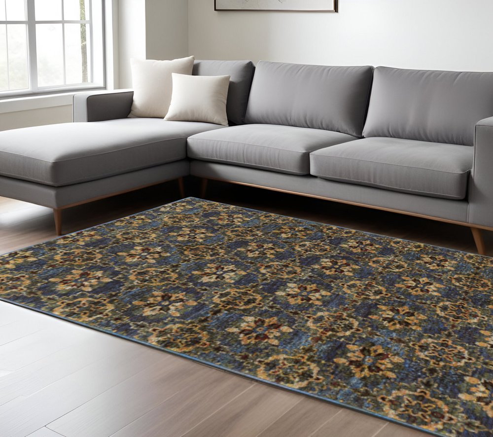 10' X 13' Blue and Gold Oriental Power Loom Area Rug