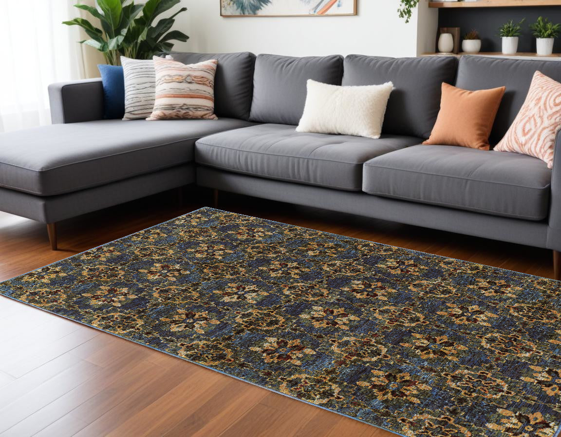 10' X 13' Blue and Gold Oriental Power Loom Area Rug