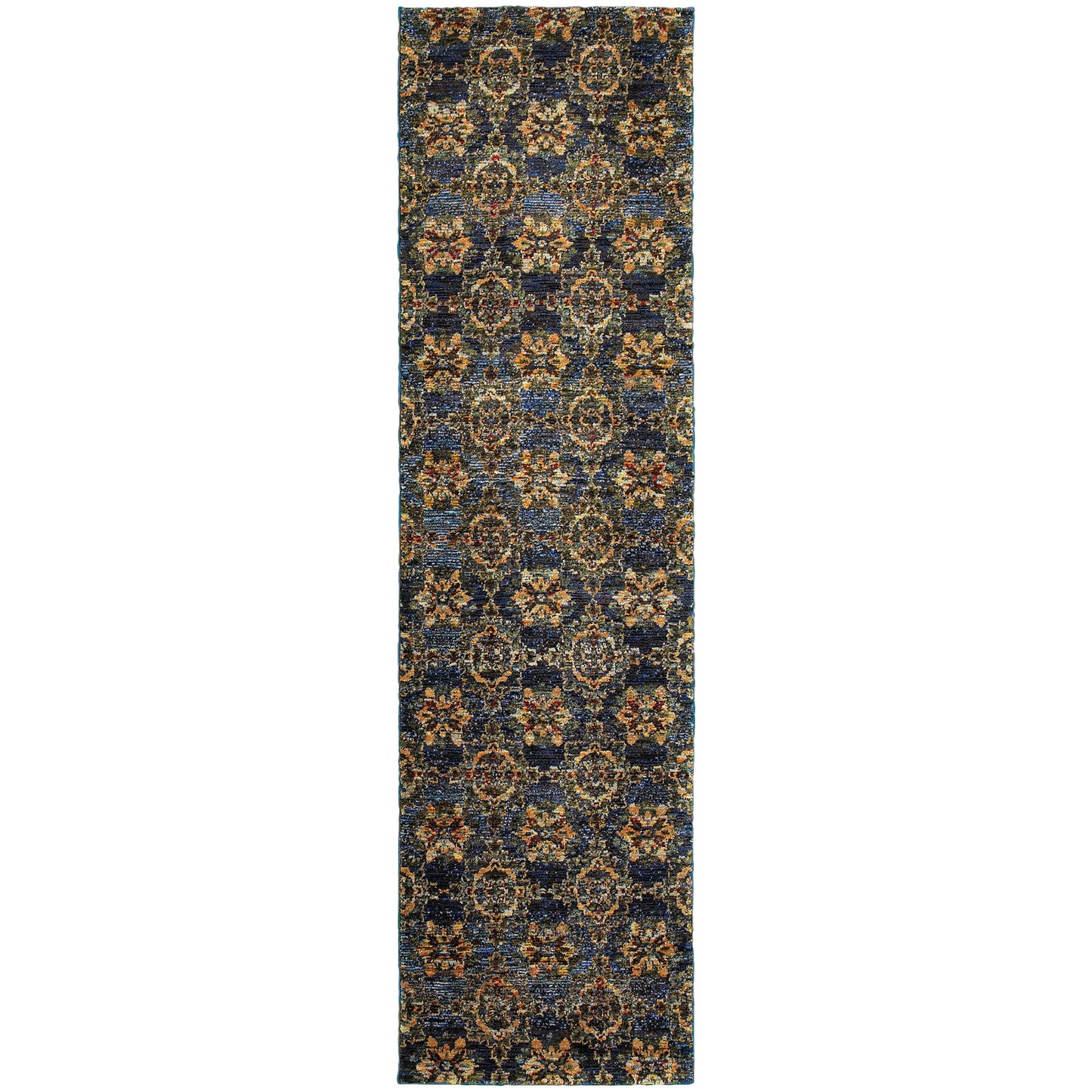 8' Runner Blue and Gold Oriental Power Loom Runner Rug