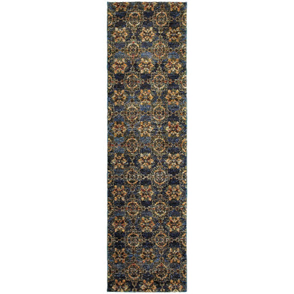 8' Blue And Gold Oriental Runner Rug