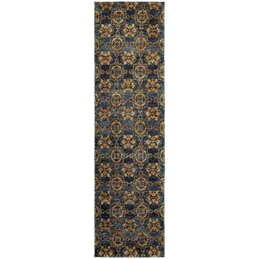 8' Blue And Gold Oriental Runner Rug