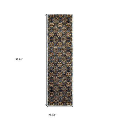 8' Runner Blue and Gold Oriental Power Loom Runner Rug