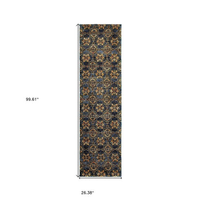 8' Blue And Gold Oriental Runner Rug