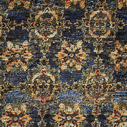 8' Runner Blue and Gold Oriental Power Loom Runner Rug