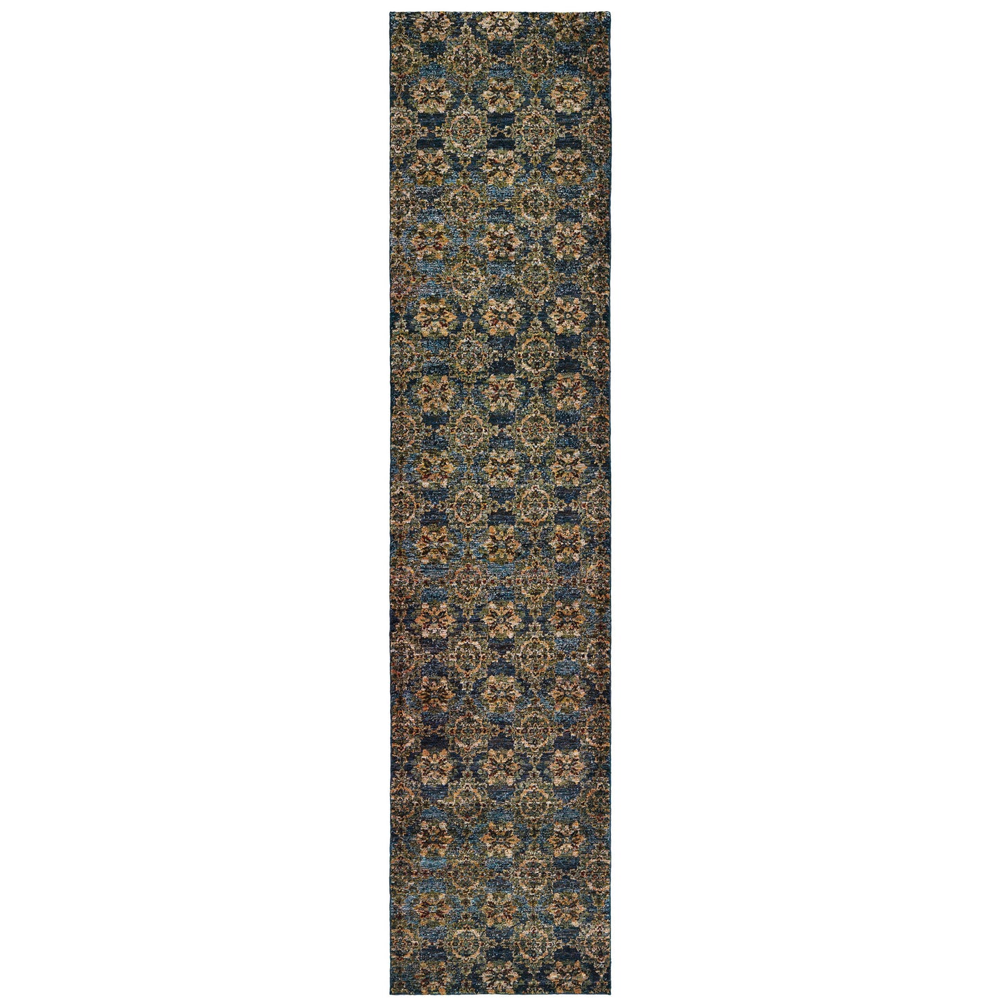 12' Runner Blue and Gold Oriental Power Loom Runner Rug