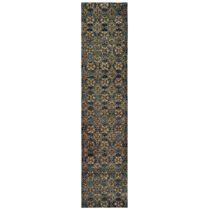 12' Runner Blue and Gold Oriental Power Loom Runner Rug