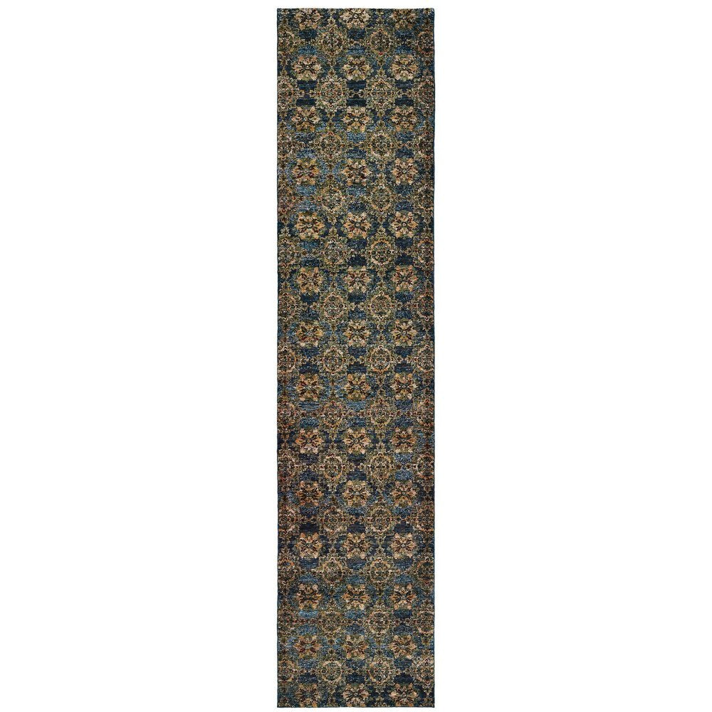 12' Blue And Gold Oriental Runner Rug