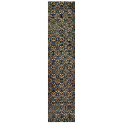 12' Blue And Gold Oriental Runner Rug
