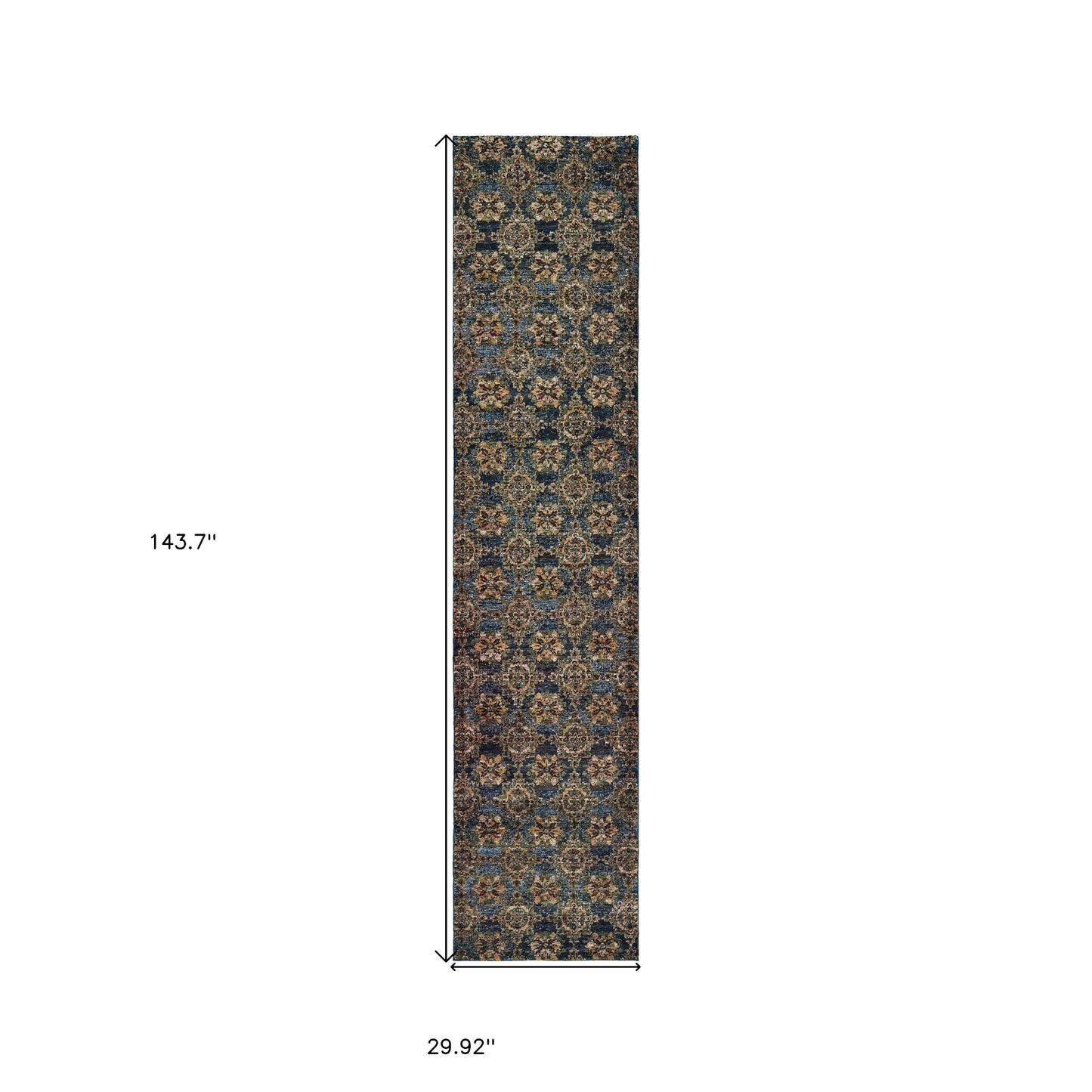 12' Runner Blue and Gold Oriental Power Loom Runner Rug