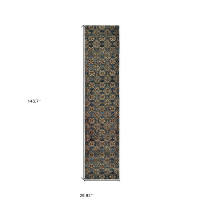 12' Runner Blue and Gold Oriental Power Loom Runner Rug