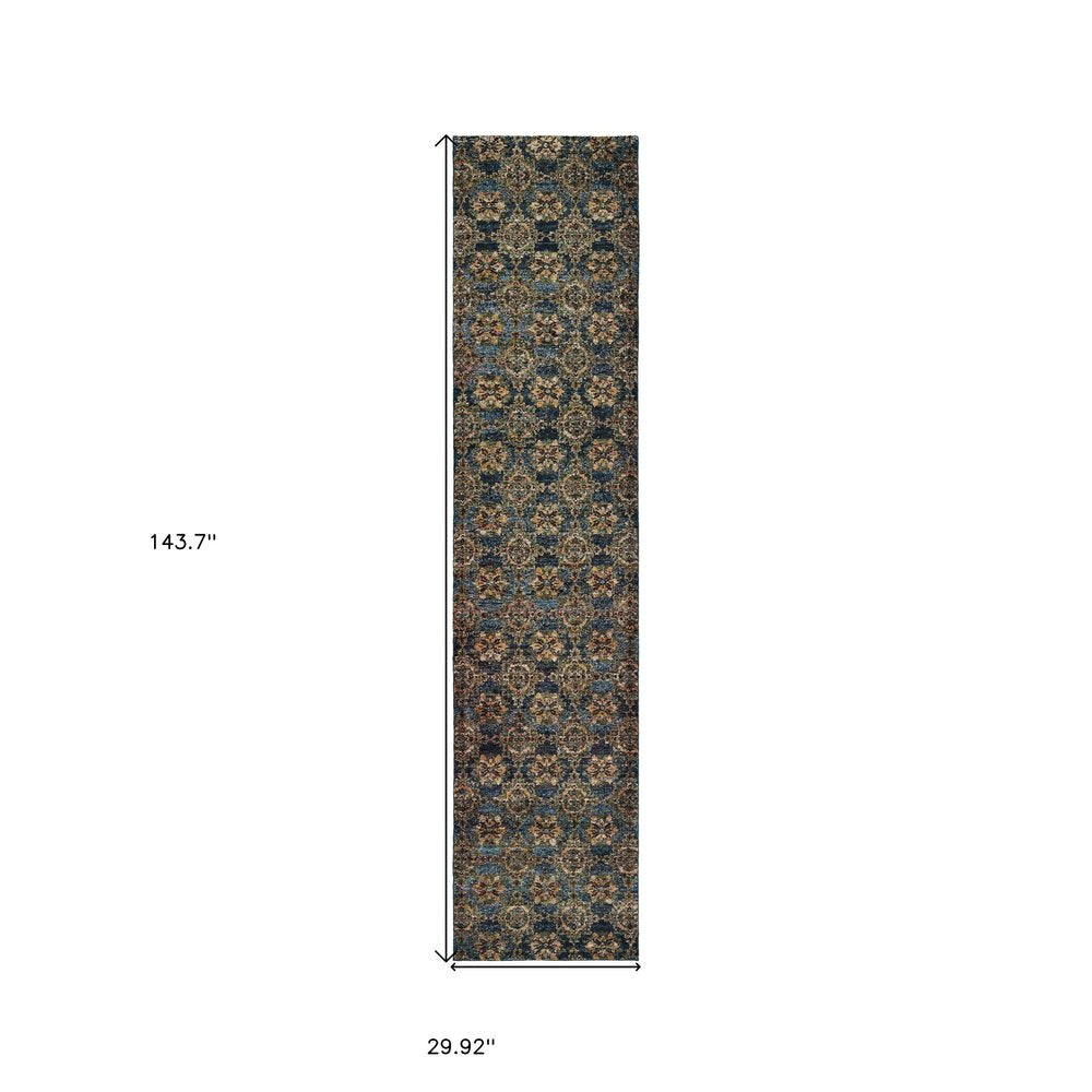 12' Blue And Gold Oriental Runner Rug