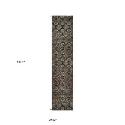 12' Blue And Gold Oriental Runner Rug