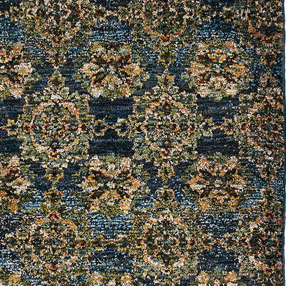 12' Runner Blue and Gold Oriental Power Loom Runner Rug