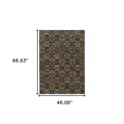 3' X 5' Blue And Gold Oriental Area Rug