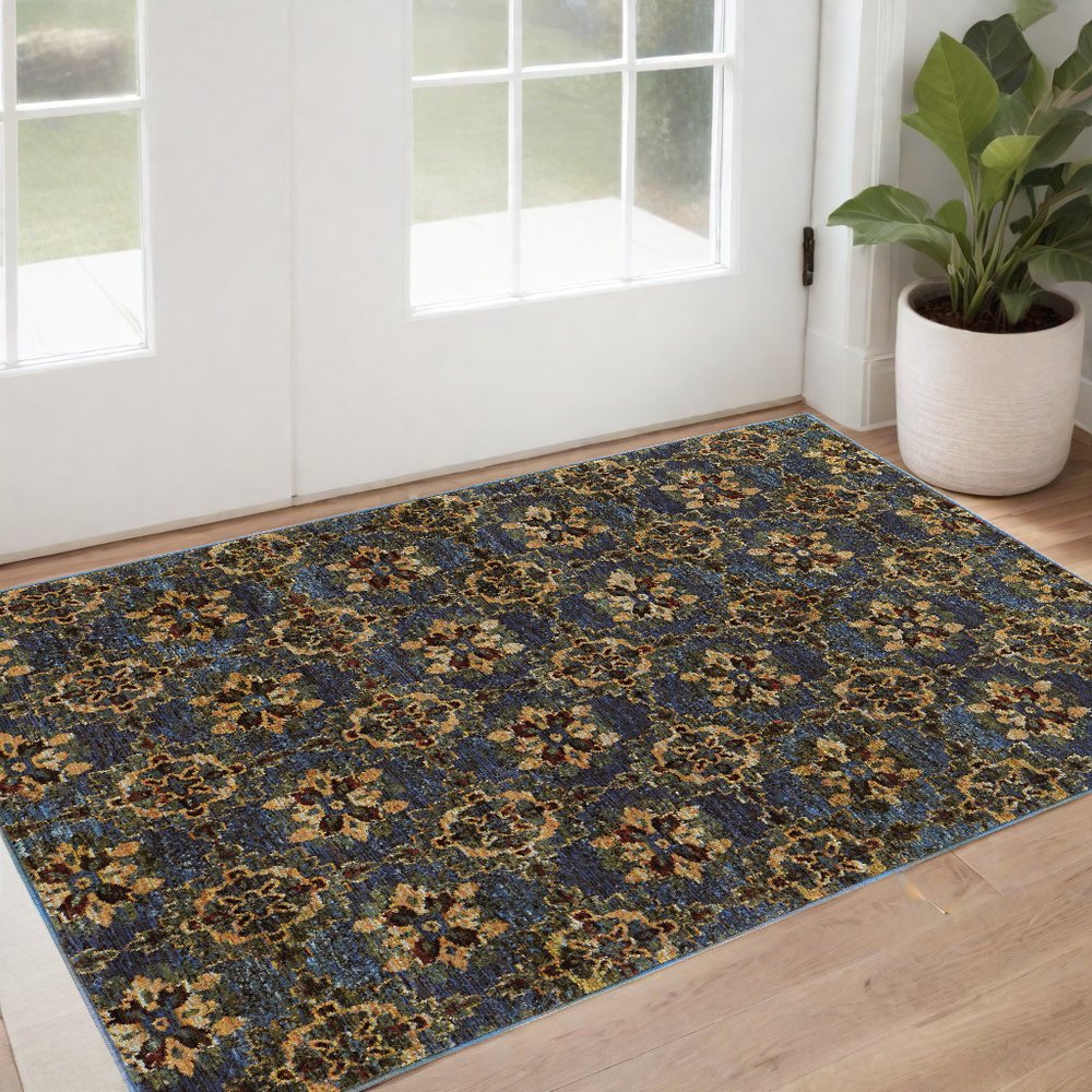 3' X 5' Blue And Gold Oriental Area Rug