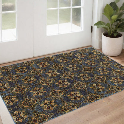 3' X 5' Blue And Gold Oriental Area Rug