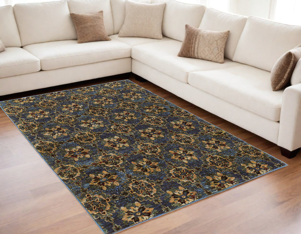 5' X 7' Blue and Gold Oriental Power Loom Area Rug